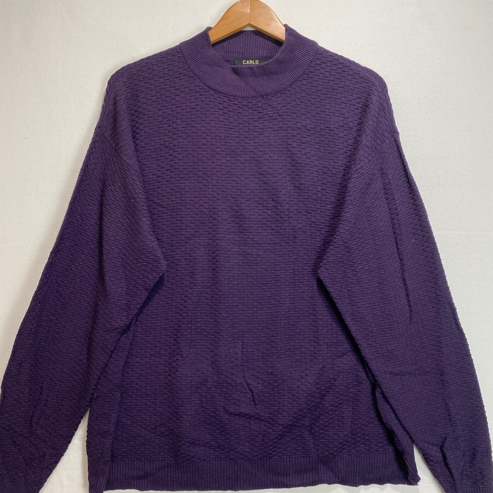 CARLO Mens XL Mock Neck‎ Textured Knit Silk Cotton Sweater Purple